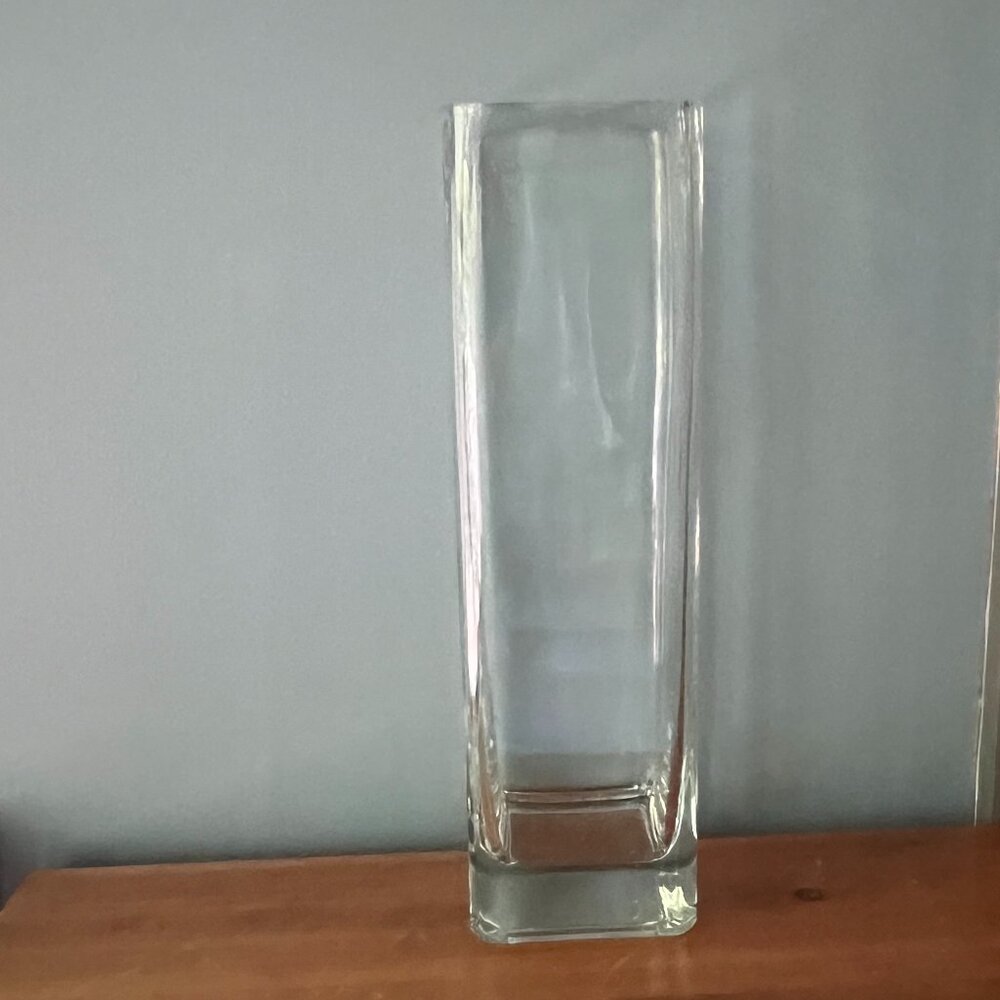 Tall Heavy Clear Glass Cube Table Vase, 4" x 13-1/2"